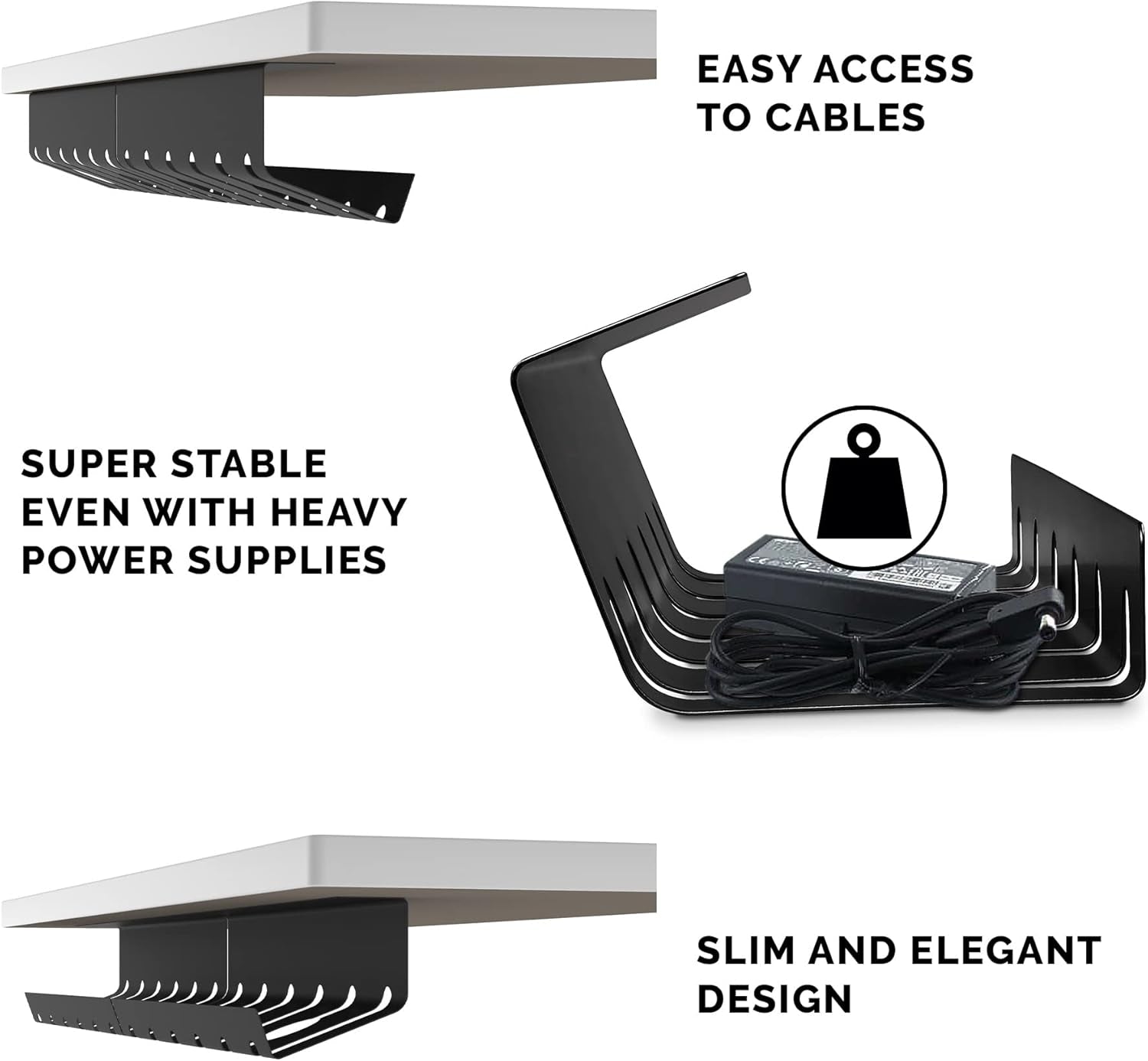 Cable Management under Desk for Easy Mounting Under-Table I Set of 3 - with 10X Cable Ties I Desk Organizer for Office/Home Office Table Thoughtful Cable Tray Holder