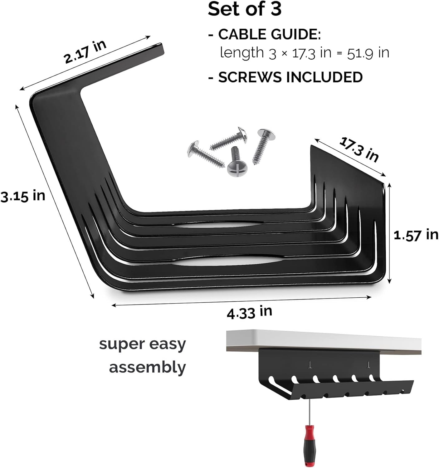 Cable Management under Desk for Easy Mounting Under-Table I Set of 3 - with 10X Cable Ties I Desk Organizer for Office/Home Office Table Thoughtful Cable Tray Holder